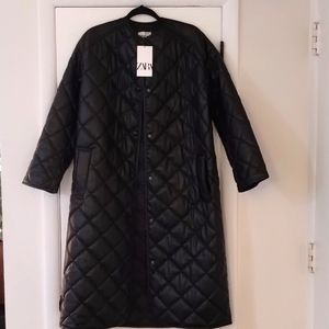 Zara Longline Padded Faux Leather Puffer Jacket - size Small